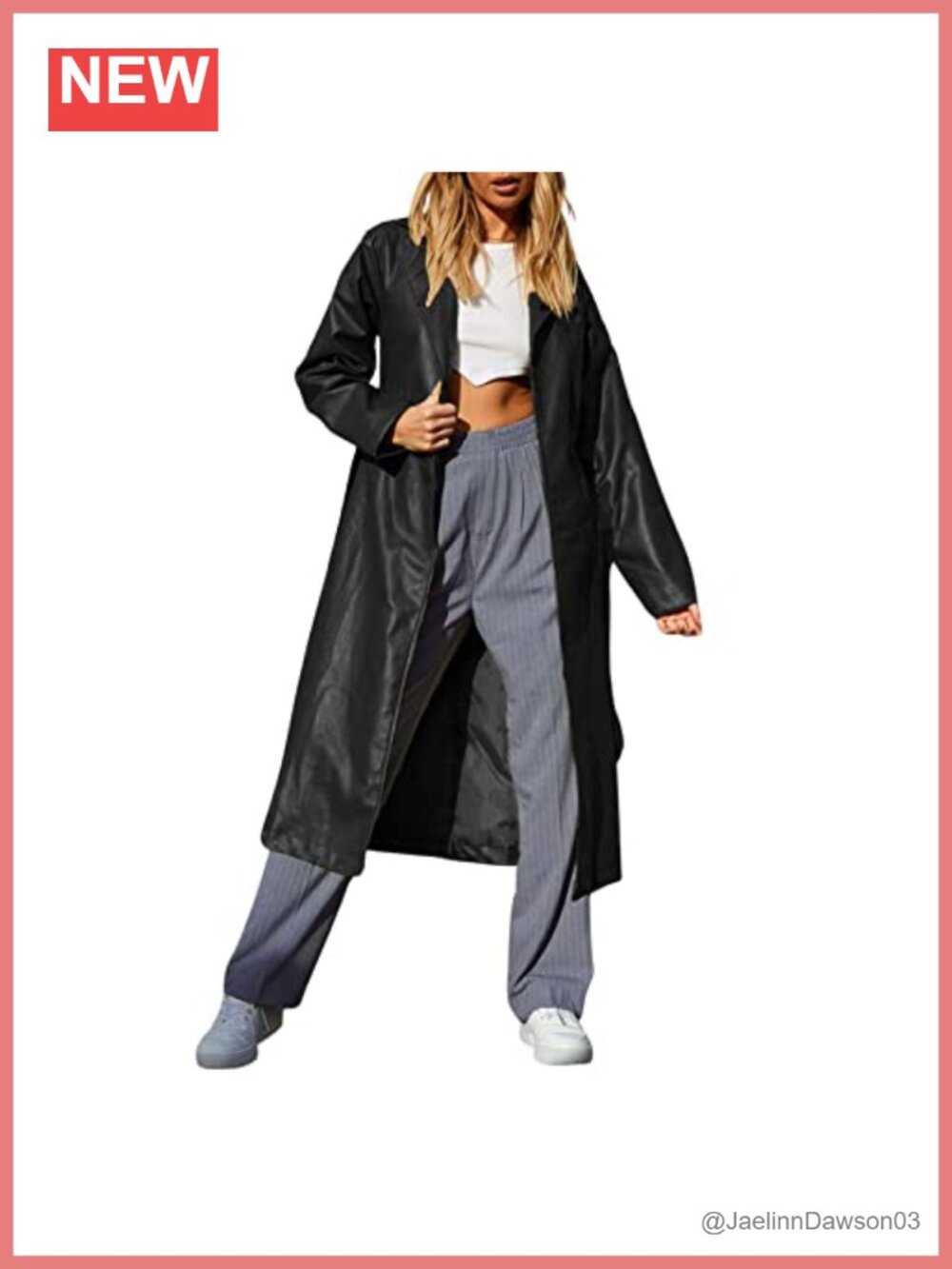PU Faux Leather Long Trench Coat Open Front Belted Casual